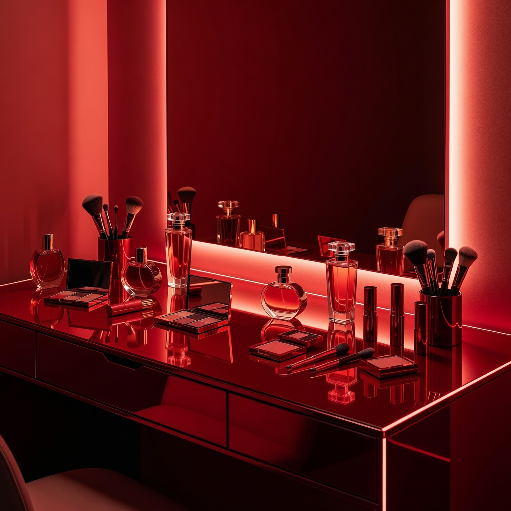 Aesthetic glossy vanity setup with crimson lighting