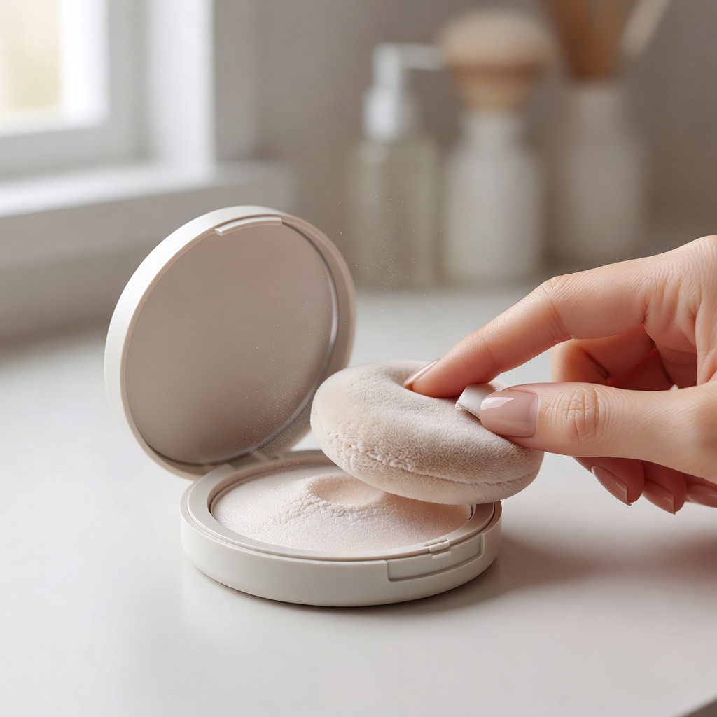 Pressing translucent powder with a velour puff