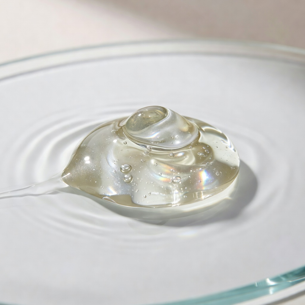 Macro shot of a viscous serum dropping onto glass