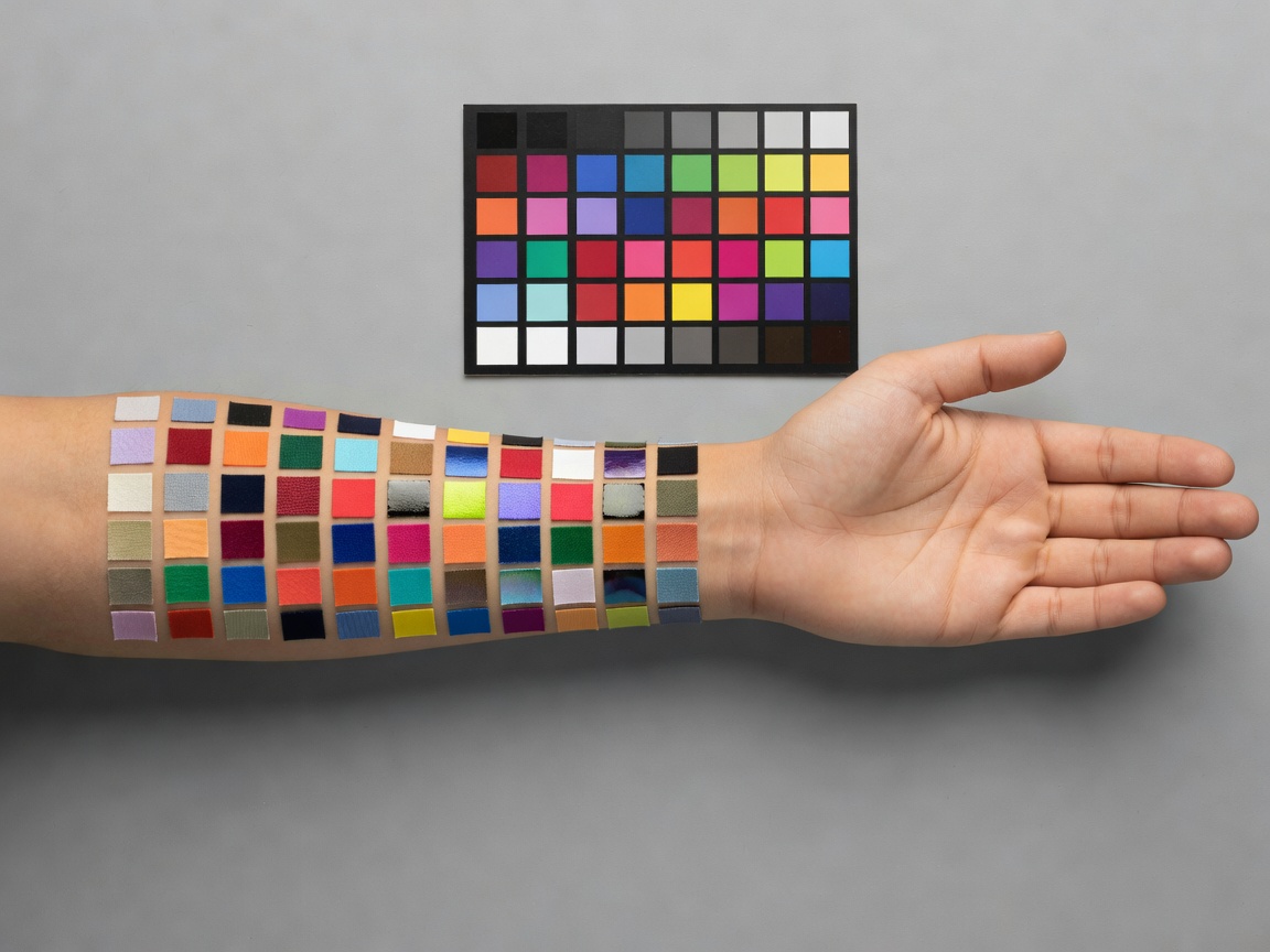 Overhead view of arm with grid of swatches and color calibration card