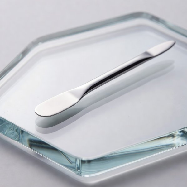 Stainless steel makeup spatula on a glass palette